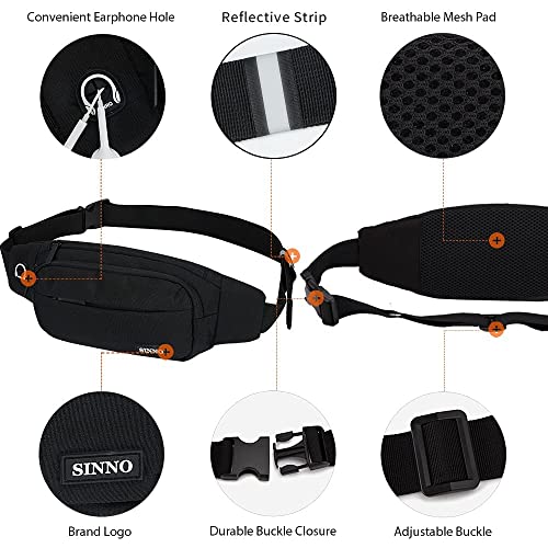 SINNO Black Fanny Packs for Women Men Fashionable Waterproof Belt Bag Gifts for Running Sport Workout Hiking Travel Crossbody Plus Size Waist Pack Phone Bag Wallets Purse Carrying All Phones