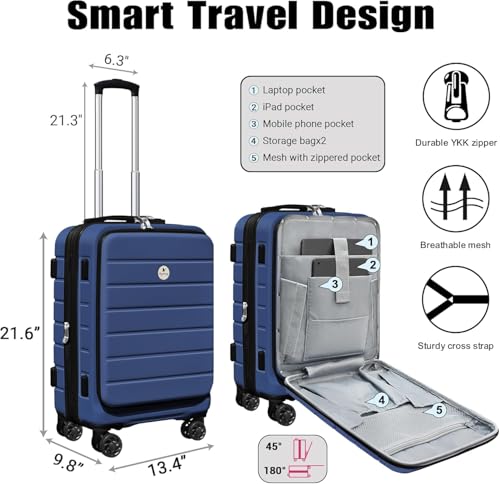 KEYTANG Classic 20" Carry-On with TSA Lock Spinner Wheels, Lightweight Hardside Expandable Suitcase with Front Open Pocket Compartment, Navy Blue