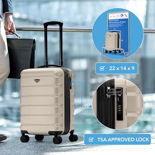 Flight Knight 22x14x9 Expandable Carry On Suitcase Hardside TSA Lock USB C Port Lightweight Luggage Silent Double Spinner Wheels Maximum Overhead Carry-On Bag American United Approved Champagne