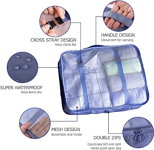 8 Set Packing Cubes for Suitcases Travel Luggage Packing Organizers,Travel Essentials Accessories Luggage Organizer with Shoe Bag Tioletry/Laundry Bag（Dark Blue）