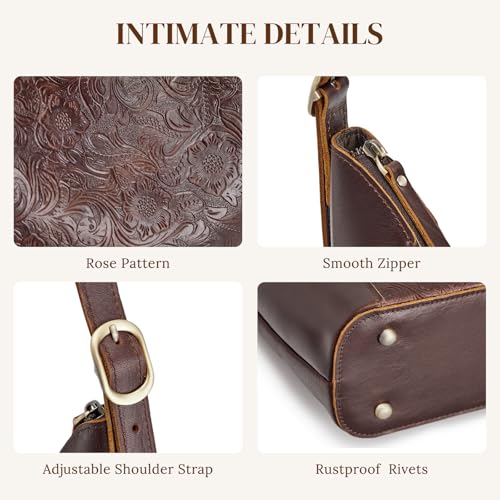 S-ZONE Leather Shoulder Bag for Women Hobo Bag Top Handle Handbag Satchel Purse Rose Pattern
