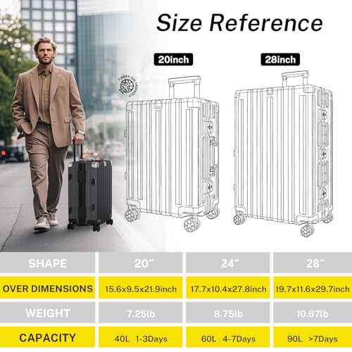 Krute Zipperless Luggage 24 Inch Aluminum Frame Suitcase with Spinner Wheels PC+ABS Hardide Checked Luggage TSA Approved No Zipper Travel Suitcase Black