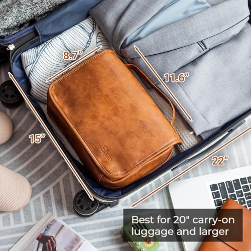 Elviros Hanging Toiletry Bag for Men Travel Essentials 3-in-1 Large Waterproof Dopp Kit PU Leather Shaving Bag with Separate Compartments for Grooming and Toiletries Mens Gift