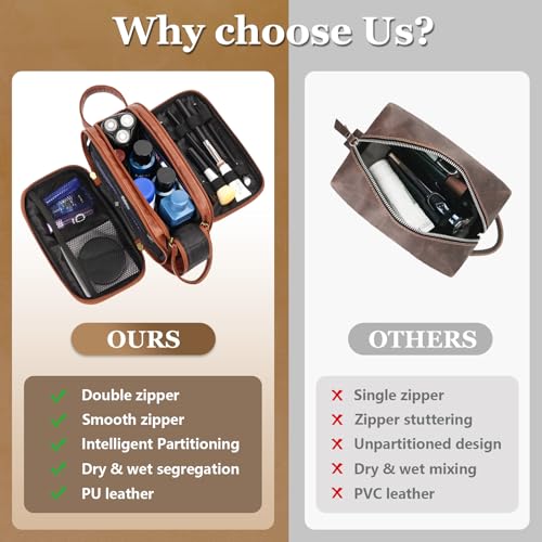 Personalized Toiletry Bag for Men,Engraved Mens Toiletry Travel Bag,Waterproof PU leather Toiletry Shaving Bag for Men Birthday Gift Ideas for Men Dad Husband Him,Anniversary Groomsmen Gifts Brown- M