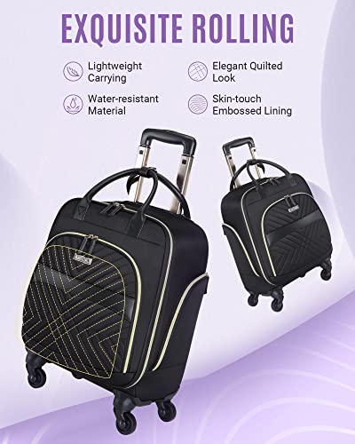 LIGHT FLIGHT Rolling Laptop Bag Women Men Rolling Briefcase 15.6 Inch Computer Bag with Spinner Wheels, Water-resistant Roller for Carry on Business Travel, Quilted Black