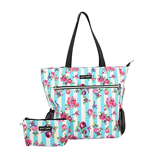 Betsey Johnson 15.6 Inch Zipper Beach Tote Bag Lightweight Large Durable Polyester with Mesh Side Pockets for Gym Work, Hummingbird Floral