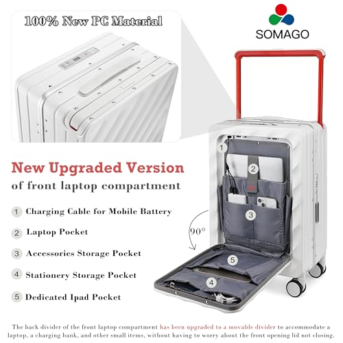 Somago Carry On Luggage Wide Handle 20 Inch Suitcase with Front Compartment Aluminum Framed PC Hardside 22x14x9 No Zipper Business Baggage with Spinner Wheels USB Charging Port TSA Lock
