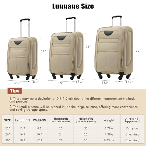 Merax Softside Luggage Set, 5 Piece Expandable Travel Suitcase Set with Carry-On Luggage,Spinner Wheels and TSA Lock,Lightweight Travel Suitcases.22/26"/30"(khaki)
