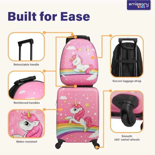 emissary Kids Suitcase for girls, 16" Hardside Unicorn Kids Luggage Set with Spinner Wheels and Backpack, Children Carry on Girls Suitcase Toddler Travel Rolling Luggage Gifts Airline Approved