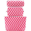 ZLFSRQ 3Pcs Makeup Bag Checkered Cosmetic Bag Set Travel Toiletry Bags for Purse Large Small Makeup Pouch for Women Cute Preppy Pencil Pouch Case Pink Zipper Skincare Bags
