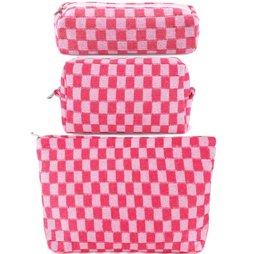 ZLFSRQ 3Pcs Makeup Bag Checkered Cosmetic Bag Set Travel Toiletry Bags for Purse Large Small Makeup Pouch for Women Cute Preppy Pencil Pouch Case Pink Zipper Skincare Bags