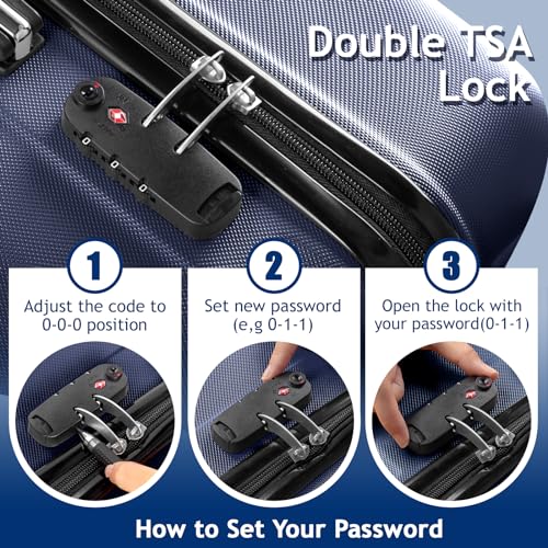 Karl home Luggage Set of 3 Hardside Carry on Suitcase Sets with Spinner Wheels & TSA lock, Portable Lightweight ABS Luggages for Travel, Business - Navy Blue (20/24/28)