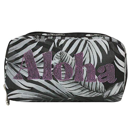 LeSportsac Aloha Twilight Hawaii Rectangular Cosmetic Bag Style 6511/Color K834, HAWAII EXCLUSIVE, ‘Aloha’ Printed in Purple/Pink Oversized Letters, Black, White & Grey Tropical Palm Fronds