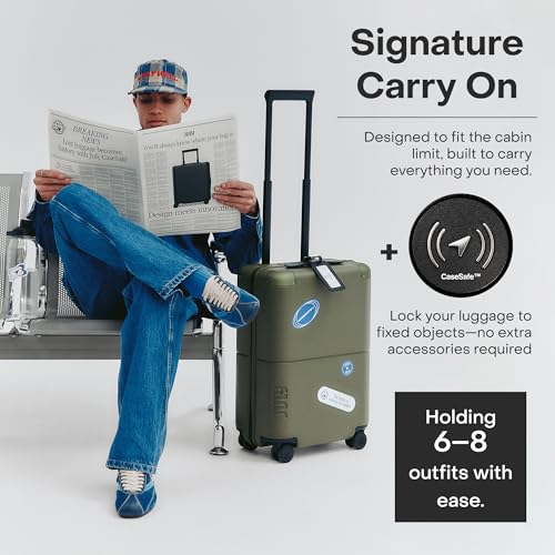 July Carry On with CaseSafe - 20" Built in Tracking, Airline Approved Carry On Luggage with Wheels, Travel Suitcase for Men & Women - Polycarbonate Shell, USB Ports & Ejectable Battery - Moss