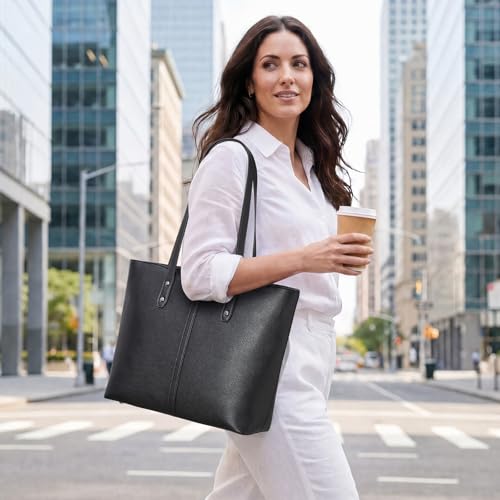 S-ZONE Tote Bag for Women Work Totes Large Vegan Leather Purses and Handbags Women's Shoulder Bag with Luggage Strap for Travel Commuting Office Teacher Black
