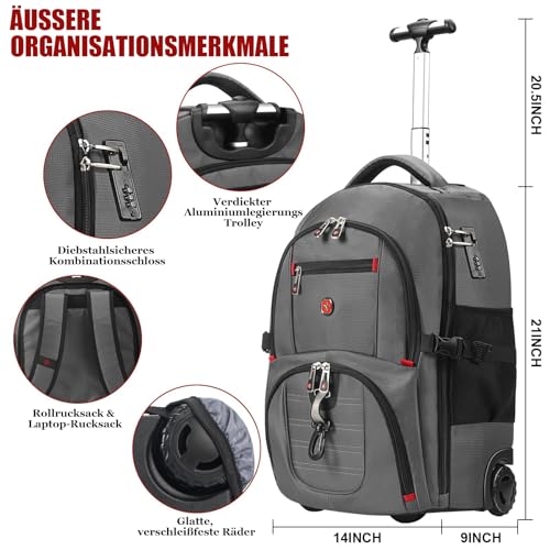 star cloud 21x14x9 Rolling Backpack with Wheels - Water-Resistant, 17.3" Laptop Compartment, Ideal Carry-On for Overnight Travel, College, Work - Wheeled Business Backpack for Adults