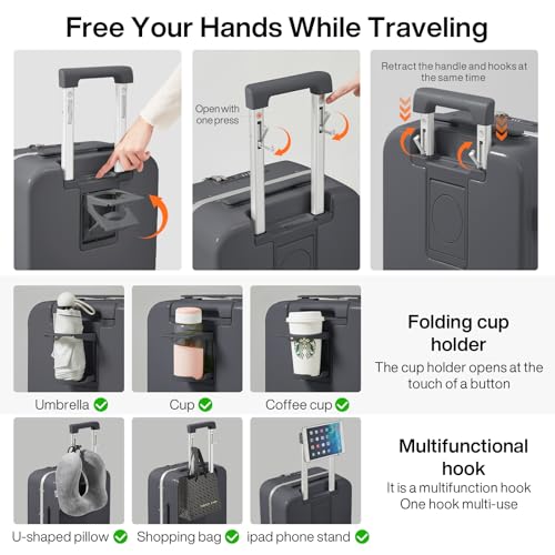 mixi Carry On Luggage with Cup Phone Holder and Charger Hard Shell Suitcases with Spinner Wheels,20 Inch Rock Gray