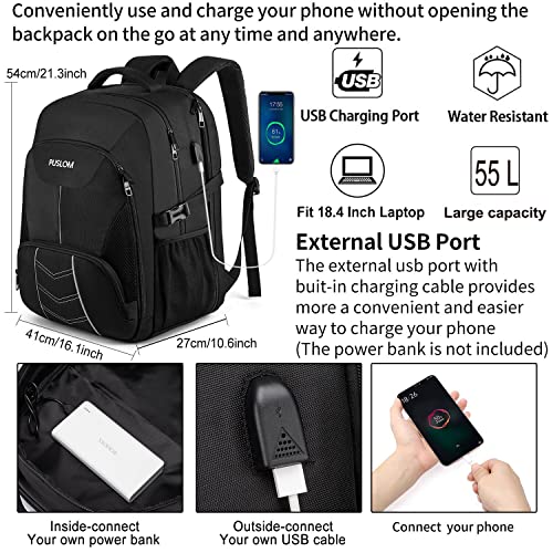 Extra Large Backpack for Men 55L,18.4Inch Travel Laptop Backpack with USB Charging Port Business Flight Approved Carry On Backpack,TSA Big Capacity Heavy Duty Computer Bag College Bookbag,Black