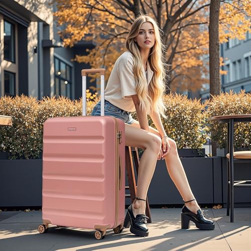 Eeeza Luggage Sets 5 Piece, Suitcases with Wheels,ABS Hard Case Luggage with TSA Lock Spinner Wheels,Carry On Luggage Set (Pink,20/24/28 Inch)