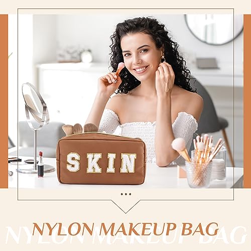Cunno Preppy Makeup Bags Chenille Letter Stuff Bag Nylon Cosmetic Pouch Cases with Zipper for Women Travel Toiletry(Brown Set,Classic,4 Pcs)