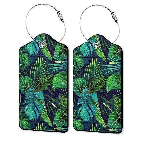 Summer Luggage Tag for Suitcase,Green Palm Leaves Tropical Plants Unique Travel Tags with Privacy Cover ID Label & Stainless Steel Loop for Men Women