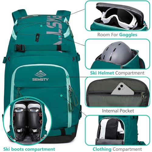 SEMSTY Ski Boot Bag, 55L Waterproof Ski and Snowboard Boots Travel Backpack for Skis, Snowboard, Ski Helmet, Goggles, Gloves & Accessories (Lake Blue)
