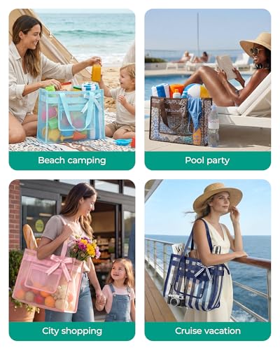 BAGSMART Mesh Beach Bag with Zipper Pocket, Large Beach Tote Bags for Women