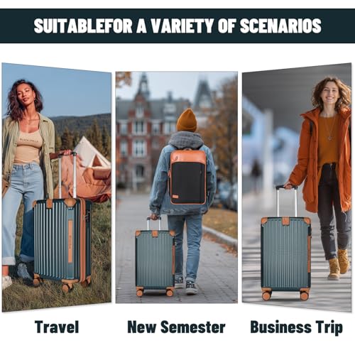 WireHot 22x14x9 Airline Approved Vintage Style Carry On Luggage with Backpack Sets, ABS+PC Hardshell Small 20 inch Retro Suitcase with Protective Cover & Tag (Teal Blue, 20in/BP/TB)