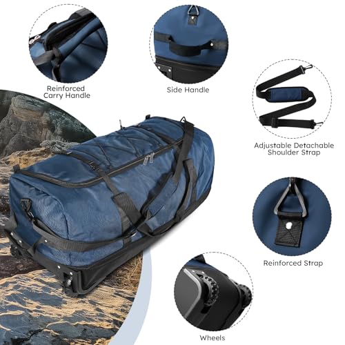 Vrtisa 110L Expandable to 140L 32” Foldable Oxford Soft-Sided Rolling Duffle Bag with 2 Heavy-Duty Wheels,2 Large Compartments,Adjustable Shoulder Strap and Attached Organizer Pouch,Navy Blue