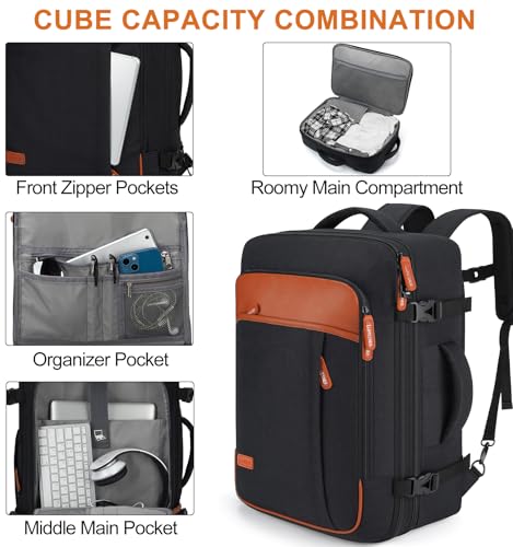 Lumesner Carry on Travel Backpacks, Extra Large 40L Flight Approved Bag for Men & Women,Expandable Suitcase Backpack With 4 Packing Cubes,Water Resistant Luggage Daypack Business Weekender Bag, Black