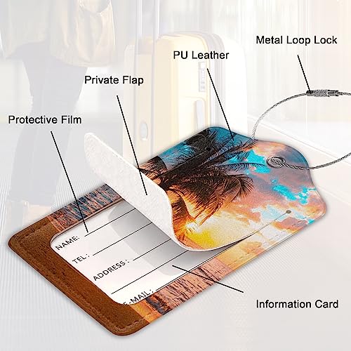 Tropical Palm Luggage Tags Set of 2 Leather Luggage Tags Privacy Cover Suitcase Label with Stainless Steel Loop for Women/Men Travel,Sunset Trees Sea Beach