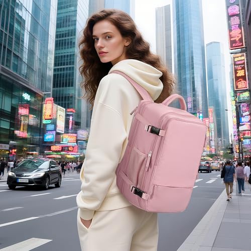 Hanples Carry on Travel Backpack for Women, Large 40L Personal Item Luggage Backpack,17inch Laptop Backpack TSA Flight Approved, Travel Essentials Casual Daypack with 2 Toiletry Bags (Pink)