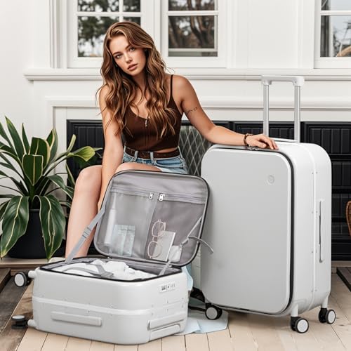 mixi 20 Inch Carry On Luggage 22x14x9 Airline Approved PC Hard Shell Suitcase Top Opening Aluminum Frame Travel Suitcases with Wheels, Smoke White