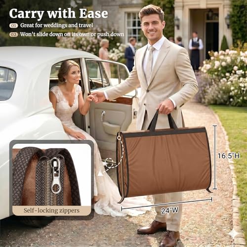 MISSLO 65" Garment Bags for Travel for Women with Loackabe-Self Zipper Waterproof Dress Bags for Gowns Long with Accessories Pockets Wedding Dress Bag Garment Covers for Hanging Clothes, Brown