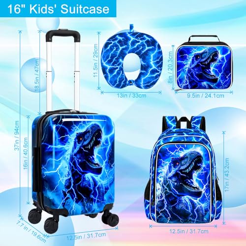 5PCS Kids Carry on Luggage Set, Airline-Approved Suitcases with 360° Spinner Wheels, Cute Travel Suitcase for Boys & Toddlers - Lightning T-Rex Blue