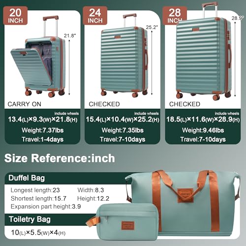 Merax 5 Piece Luggage Set Front Opening Expandable Hardside Carry On Suitcase with Double Spinner Wheels TSA Lock USB Port and Cup Holder,20" 24" 28"(Antique blue green)