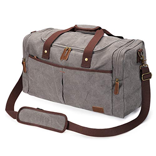 S-ZONE 65L Expandable Canvas Duffle Bag Travel Overnight Holdall Weekend Bag with Shoes Compartment Large Carry On Bag Tote Gym Bag for Men Women, Light Gray, X-Large, Travel Duffle