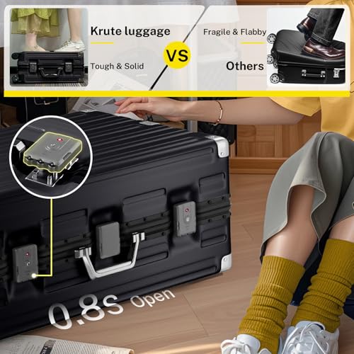 Krute Zipperless Luggage Set 2 Pieces Aluminum Frame Suitcase Sets Polycarbonate Hard Shell Luggage TSA Lock Checked Suitcase with Spinner Wheels Black