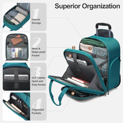 TIAWOLT Personal Item 16-Inch Underseat Carry on Luggage With Wheels Lightweight Wheeled Underseater under seat bags for airplanes Upright 2 Wheel,Boy and Girl,Teal Green
