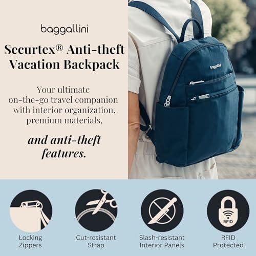 Baggallini Securtex® Anti-theft Vacation Travel Backpack 10x13 Slash-Resistant Nylon Daypack w/RFID, Black