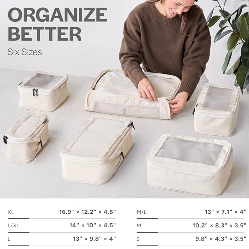 Aerotrunk Compression Packing Cubes for Travel - Luggage Organizer Bags - Double Zipper Packing Cubes for Suitcases (6-Pack, Beige)