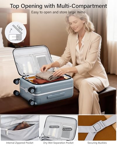 Hanke 24 Inch Checked Luggage with Spinner Wheels PC Hard Shell Suitcases Top Open Aluminum Frame Travel Luggage Rolling Suitcase for Woman Men.(Grey)