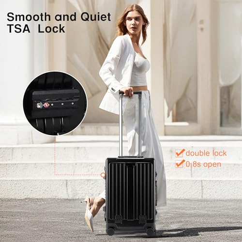VentureVault Carry On Luggage 20 Inch, Aluminum Frame Zipperless Luggage, ABS+PC Hard Shell Suitcases, Carry On with Compartment for Short Trips, Suitcase Carry-on TSA Approved (Black)