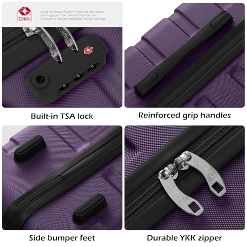 Coolife Luggage 3 Piece Set, Lightweight Durable Hardshell Suitcase set with 360° Spinner Wheels, TSA-approved Lock, Checked Family Travel Luggage sets, 20/24/28 Inch, Purple