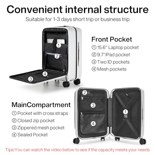 Hanke 20 Inch Carry On Luggage Airline Approved Hard Shell Suitcases with Wheels & Front Pocket Travel Luggage Lightweight Carry On Suitcase for Travel Rolling Luggage(Grayish white)
