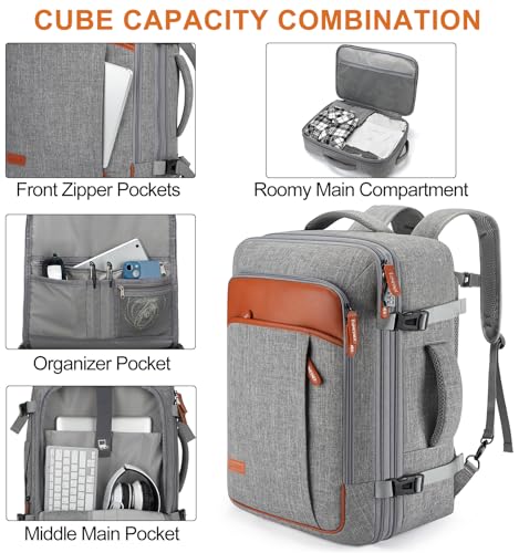 Lumesner Carry on Travel Backpacks, Extra Large 40L Flight Approved Bag for Men & Women,Expandable Suitcase Backpack With 4 Packing Cubes,Water Resistant Luggage Daypack Business Weekender Bag, Grey