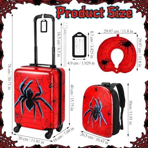 Sanwuta 4 Pcs Spider Luggage Sets 18 Inch Carry on Rolling Suitcase Backpack Neck Pillow Travel Set Gift for Kids Boys