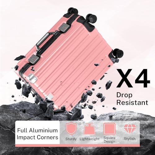Krute Zipperless Luggage 24 Inch Aluminum Frame Suitcase with Spinner Wheels PC+ABS Hardide Checked Luggage TSA Approved No Zipper Travel Suitcase Pink