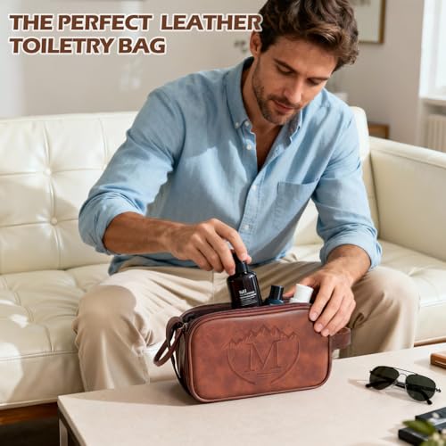 Personalized Travel Toiletry Bag for Men, Father Day Gifts, Engraved Initials Waterproof PU Leather Toiletry Bag, Large Capacity Portable Shaving Bag, Unique Birthday Gift for Men Dad Husband Him,M