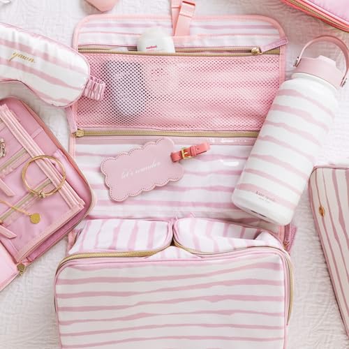 kate spade new york Hanging Toiletry Bag, 8.5" x 12.75" x 6" Travel Organizer with Gold Hook, 2 Large Bottle Compartments, Mesh & Clear Pockets, Nylon & Mesh (Goddess Stripe)